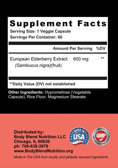 European Elderberry - 600mg | 60 Capsules | 3rd Party Lab-Tested